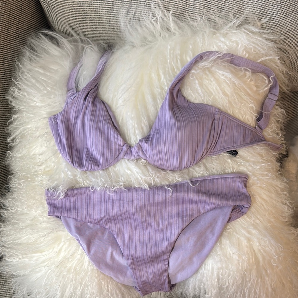 Splendid Lavender Ribbed Underwire Bikini Set Size M | Full Coverage Bottom | - Picture 2 of 5